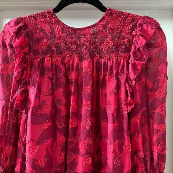 Joie Jamila Red Punk Silk Blouse Top Hibiscus Semi Sheer Size Small - Picture 6 of 14